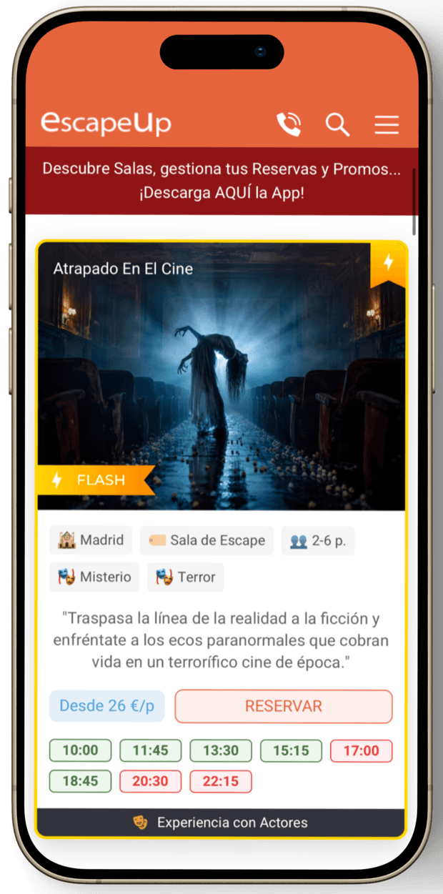 Sesión destacada con un Booster en el listado de EscapeUp
